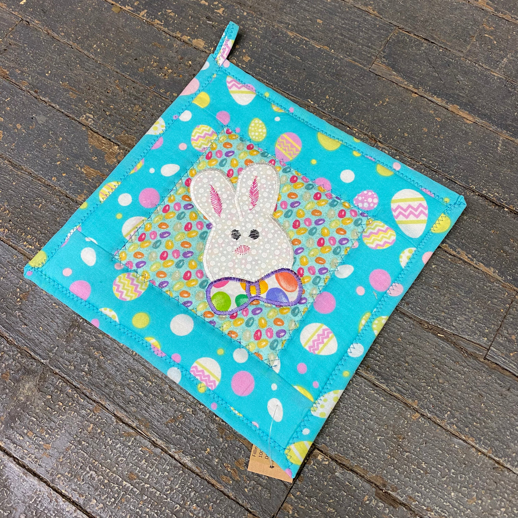 Handmade Quilt Fabric Cloth Hot Cold Pad Holder Easter Embroidered Bunny Rabbit Bow Tie