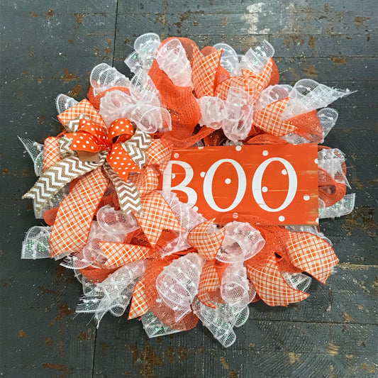Boo Halloween Orange White Seasonal Holiday Wreath Door Hanger