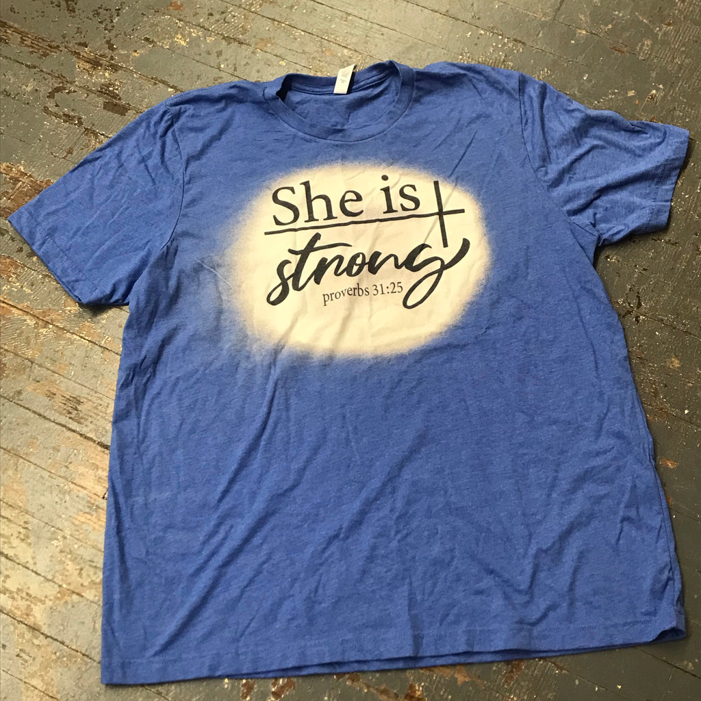She is Strong Proverbs 31:25 Bleached Graphic Designer Short Sleeve T-Shirt Blue