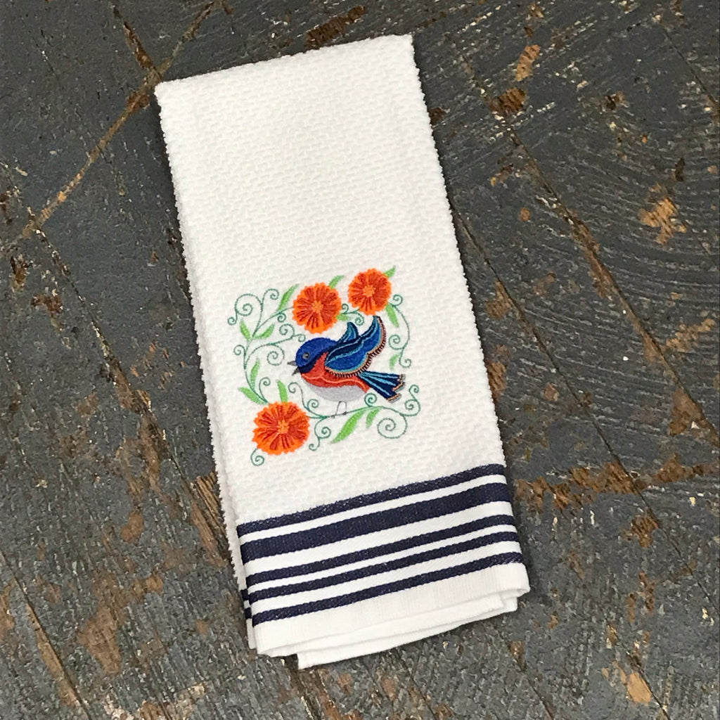 Embroidered Hand Towel White Blue Bird Orange Flower