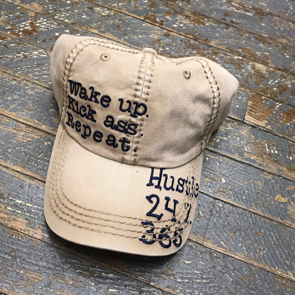 Wake Up Kick Ass Repeat Hustle Rugged Khaki Embroidered Ball Cap