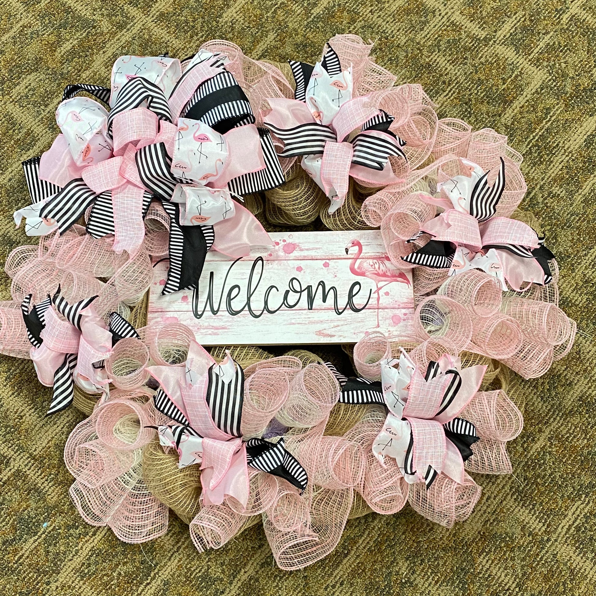 Pink Flamingo Welcome Holiday Wreath Door Hanger