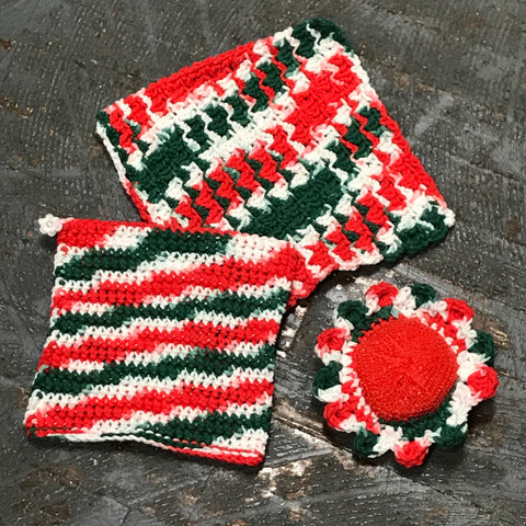 Crocheted Kitchen Set Dishcloth Rag Pot Holder Scrubbie Combo Red Green White
