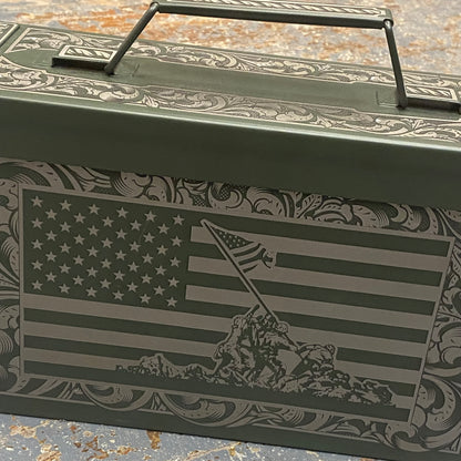 Laser Engraved Metal Military Ammo Can Small Mount Suribachi Flag Scroll