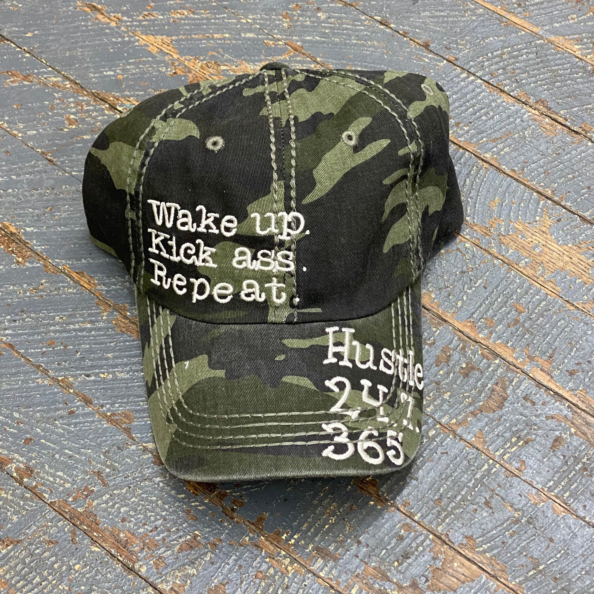 Wake Up Kick Ass Repeat Hustle Rugged Camo Embroidered Ball Cap