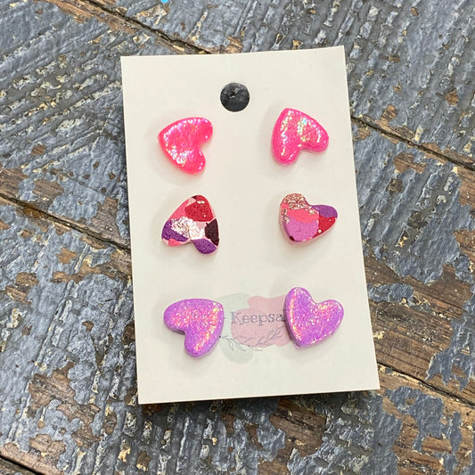 Clay 3 Pair Heart Shaped Post Earring Set