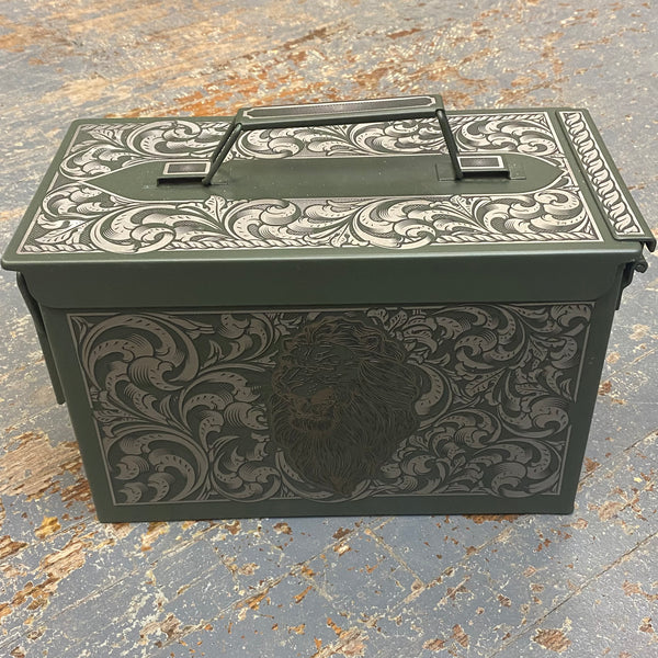 Laser Engraved Metal Military Ammo Can Large Lion Scroll