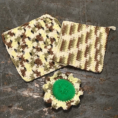 Crocheted Kitchen Set Dishcloth Rag Pot Holder Scrubbie Combo Green Brown Yellow White