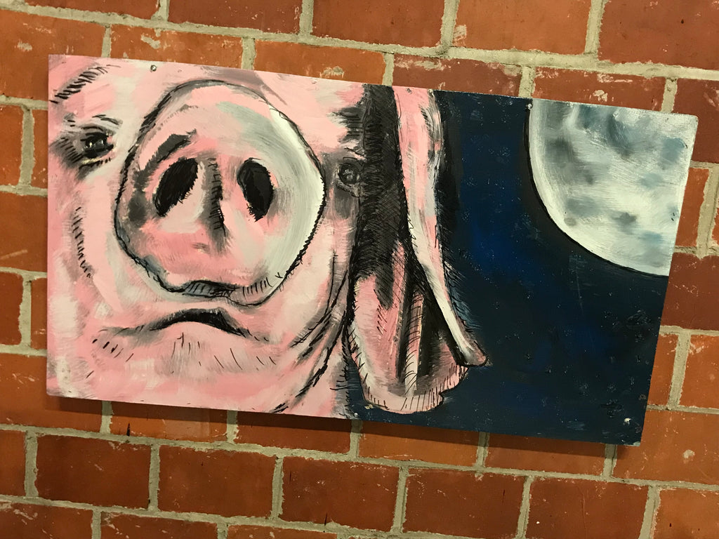 Box Framed Hand Painted Acrylic Wall Art Pig Face on the Moon in Space