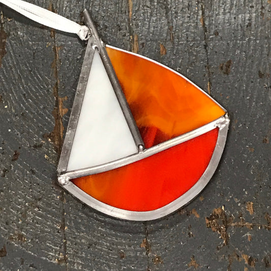 Stained Glass Sun Catcher Ornament Sailboat Orange White Sail Orange Boat