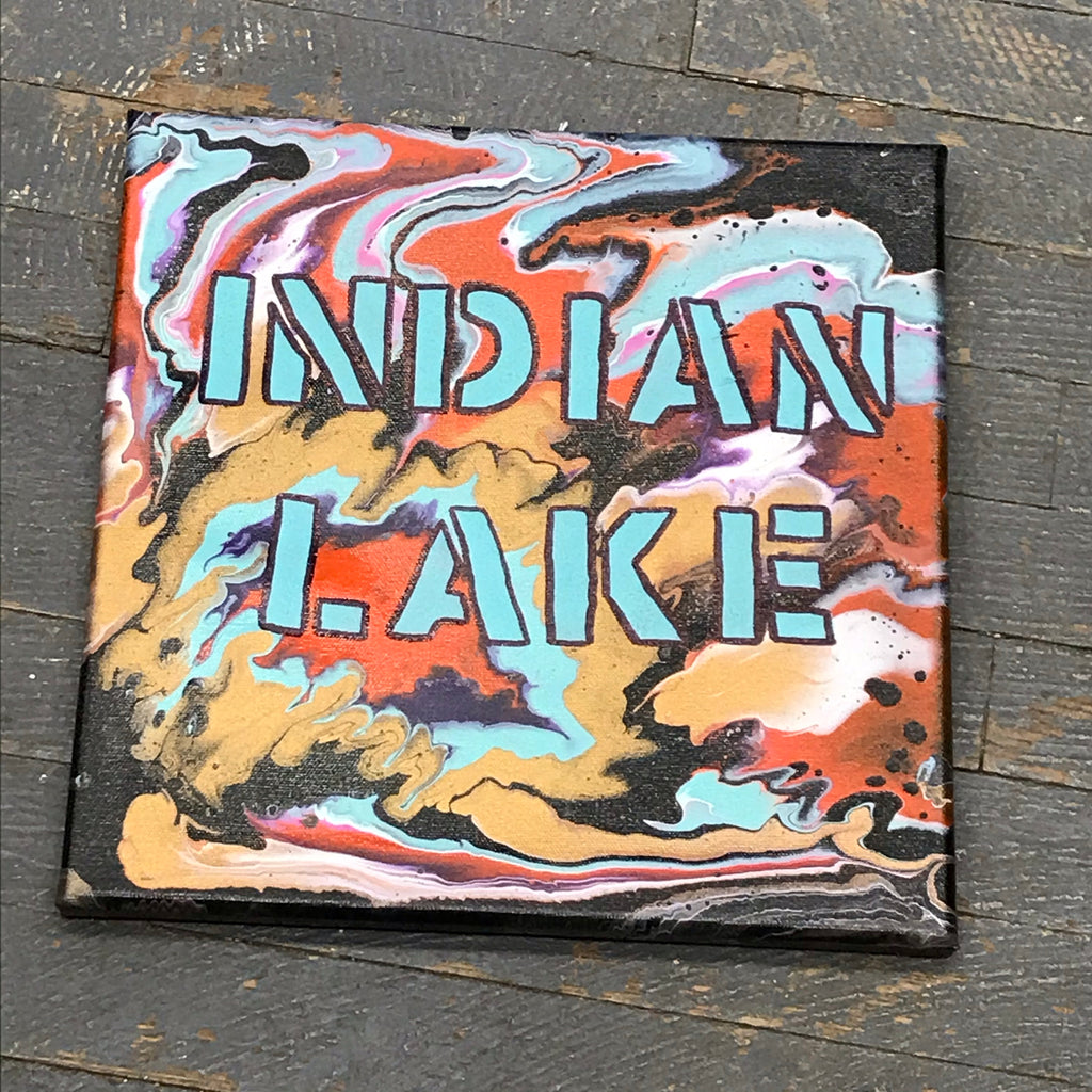 Indian Lake Canvas Painted Pour Sign Wall Art Decor Orange Gold Teal