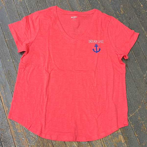 Indian Lake Anchor Graphic Designer Short Sleeve V-Neck Scoop Neck Ladies T-Shirt Coral