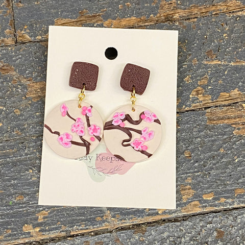 Clay Brown Square Pink Floral Tree Post Dangle Earring Set