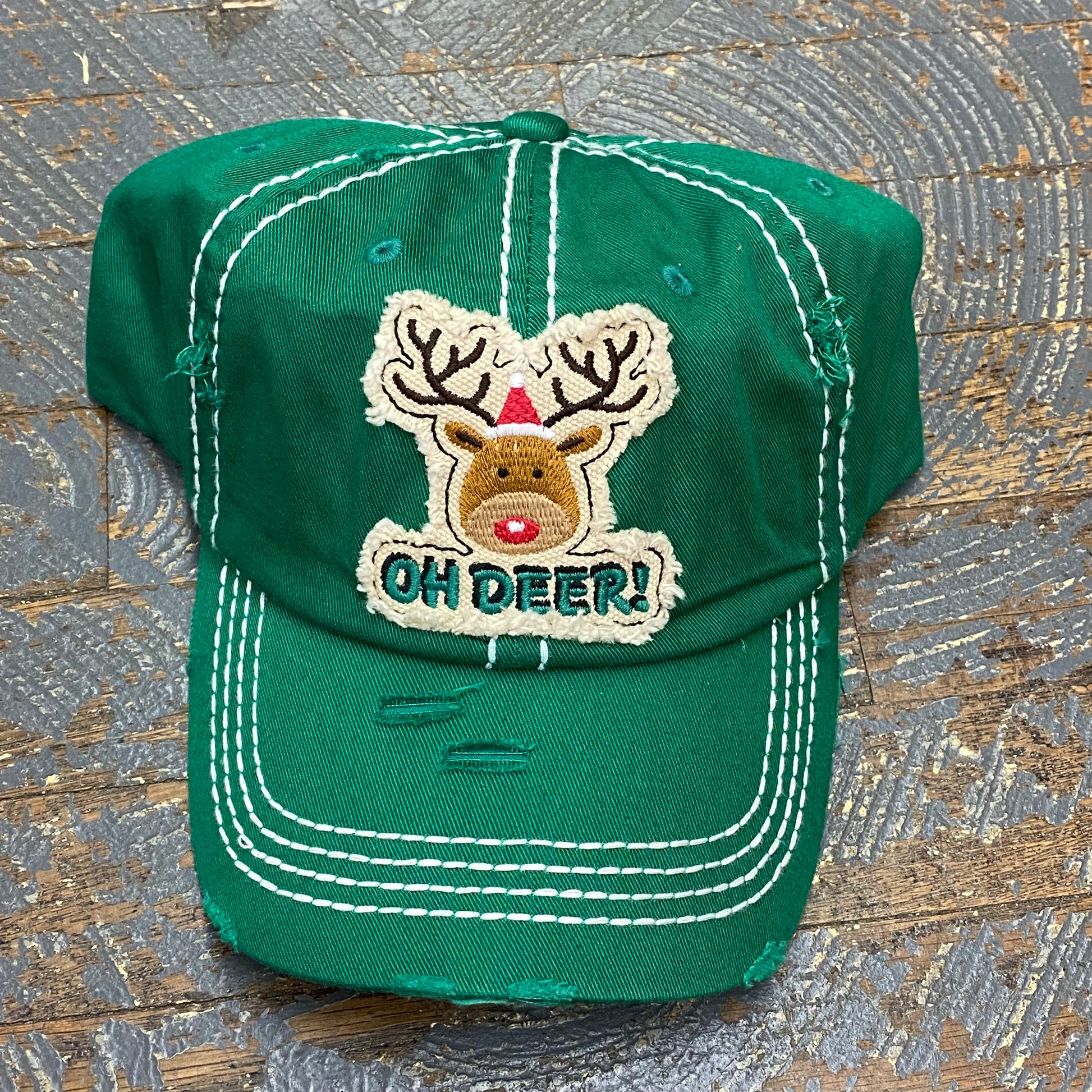 Oh Deer Reindeer Patch Rugged Green Embroidered Ball Cap