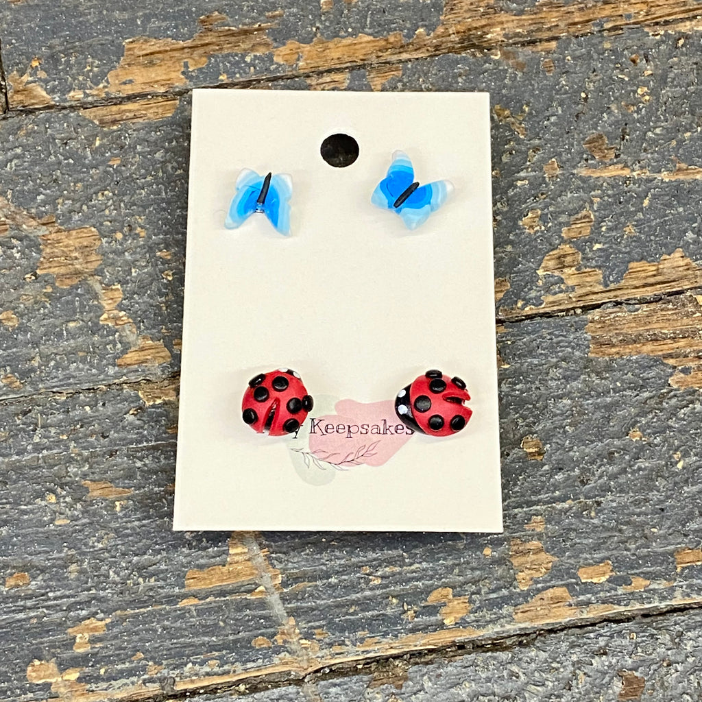 Clay 2 Pair Blue Butterfly Ladybug Post Earring Set
