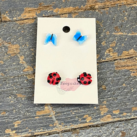 Clay 2 Pair Blue Butterfly Ladybug Post Earring Set