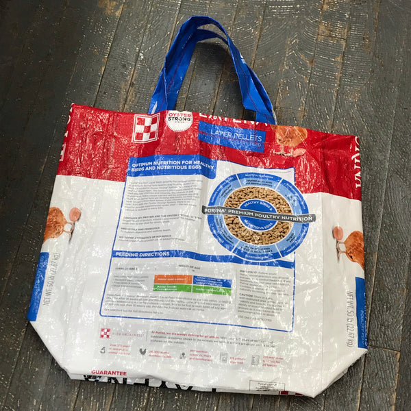 Upcycled Tote Purse Feed Bag Handmade Large Purina Red Blue Chicken Seed Handle Bag