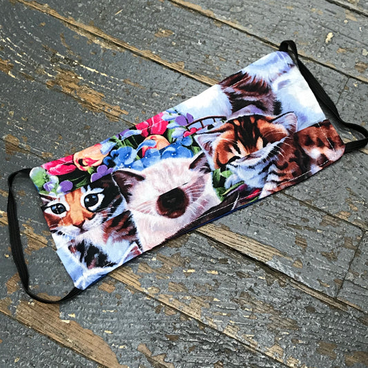 Blue Flower Kitty Cat Kitten Handmade Cotton Cloth Face Mask Reversible Reusable