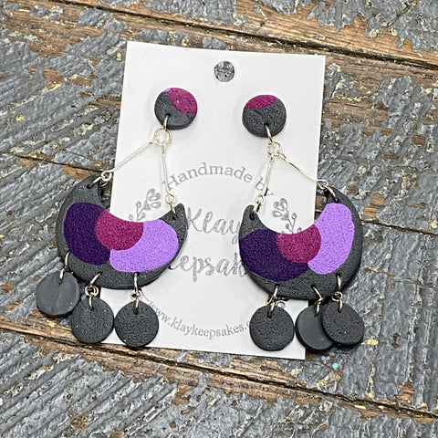 Clay Silver Wire Grey Purple Lilac Crescent Triple Round Post Dangle Earring Set
