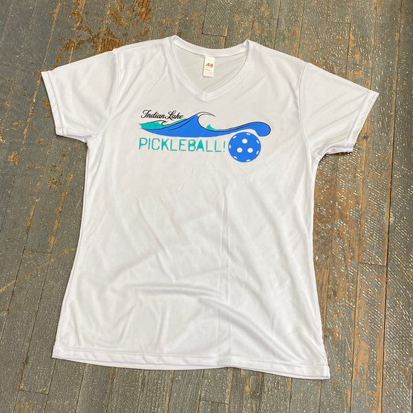 Indian Lake Pickleball Short Sleeve Ladies V-Neck Shirt White Graphic Designer Tee