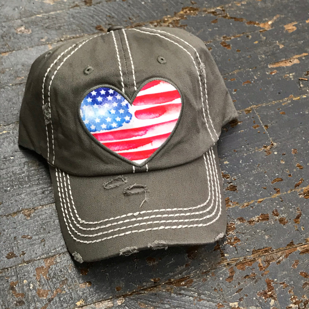 American Flag Heart Patch Rugged Grey Embroidered Ball Cap