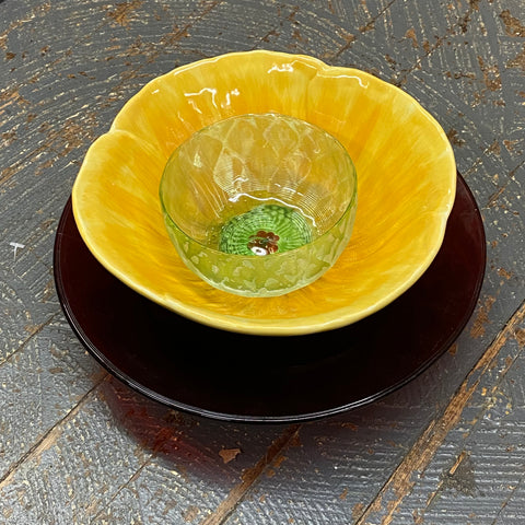 Glass Garden Flower Medium Yellow Buttercup Plate Green Bowl