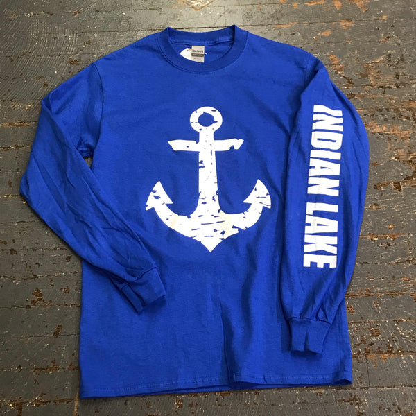 Indian Lake Anchor Blue Long Sleeve T-Shirt Graphic Designer Tee