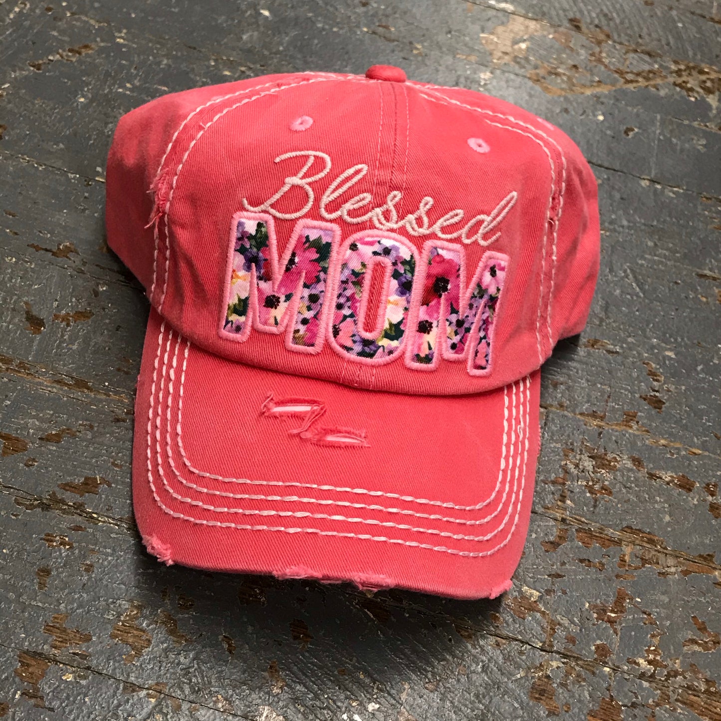 Blessed Mom Floral Rugged Pink Embroidered Ball Cap