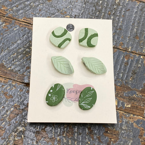 Clay 3 Pair Sage Green Garden Leaves Post Earring Set