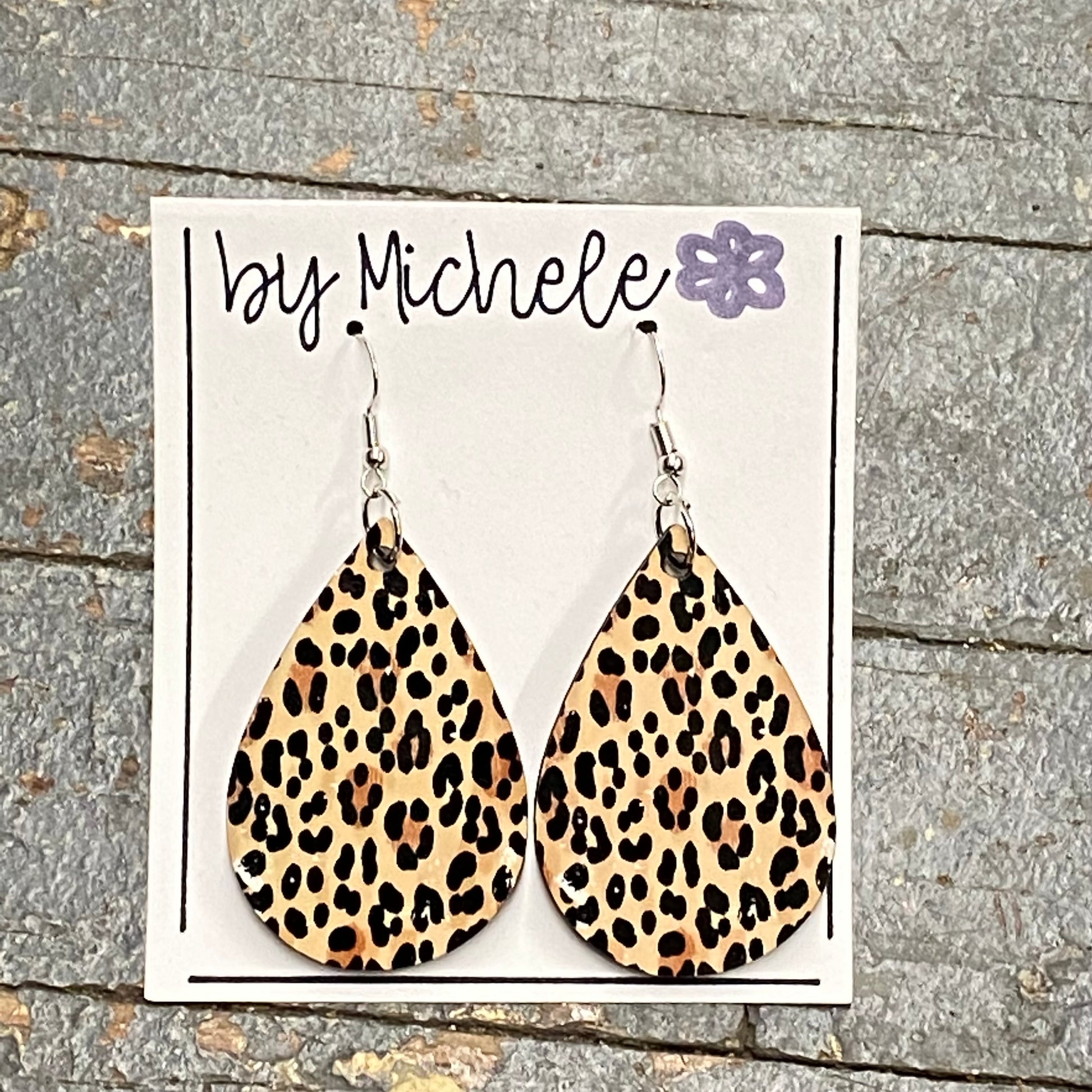 Black Brown Leopard Cheetah Print Wood Teardrop Fishhook Dangle Earring Set