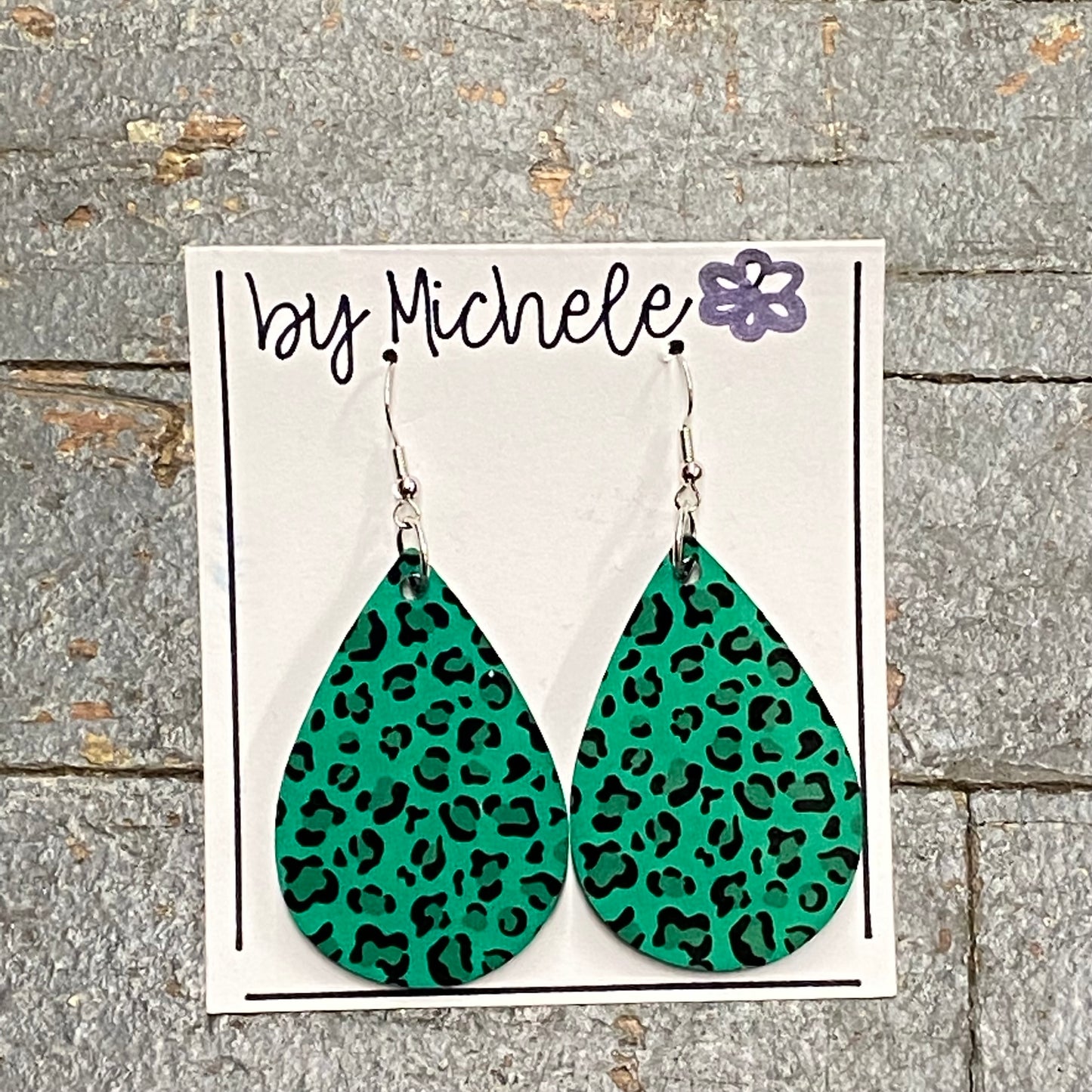 Black Green Leopard Cheetah Print Wood Teardrop Fishhook Dangle Earring Set