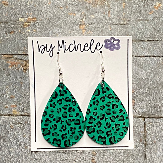 Black Green Leopard Cheetah Print Wood Teardrop Fishhook Dangle Earring Set