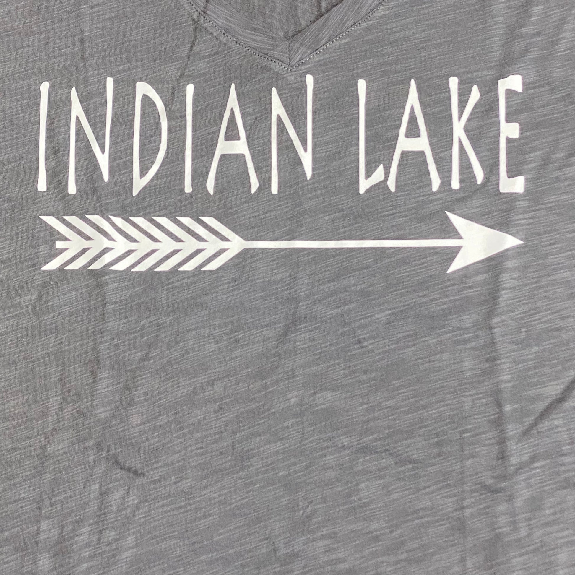 Indian Lake Arrow Full Chest Graphic Designer Short Sleeve V-Neck Scoop Neck Ladies T-Shirt Grey