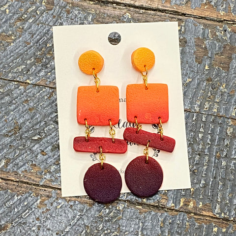 Clay Quad Shape Square Round Yellow Orange Red Post Dangle Earring Set