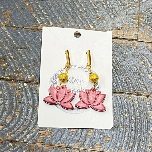 Clay Gold Bar Bead Pink Locust Flower Post Dangle Earring Set