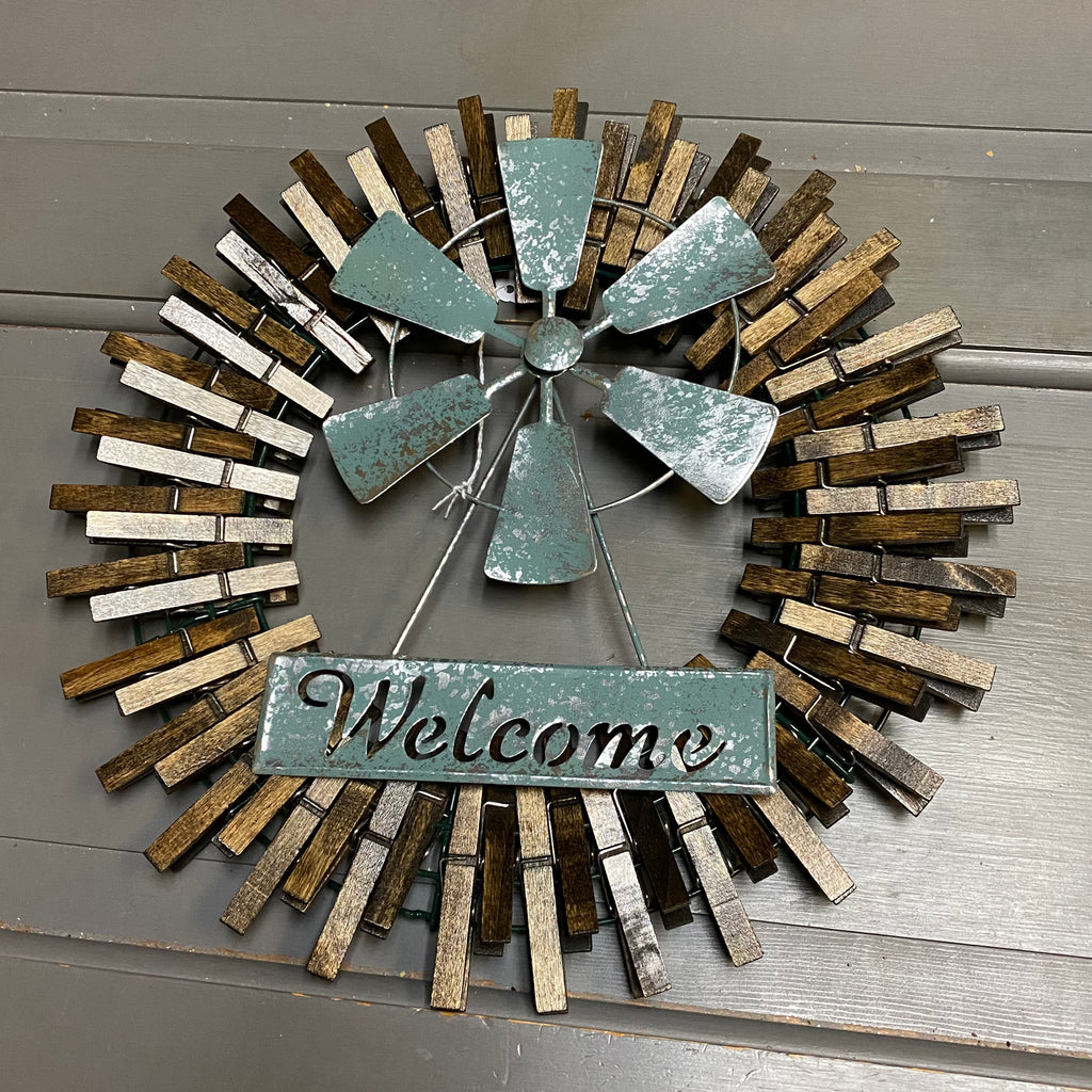 Welcome Green Metal Windmill Round Clothespin Wall Sign Door Wreath