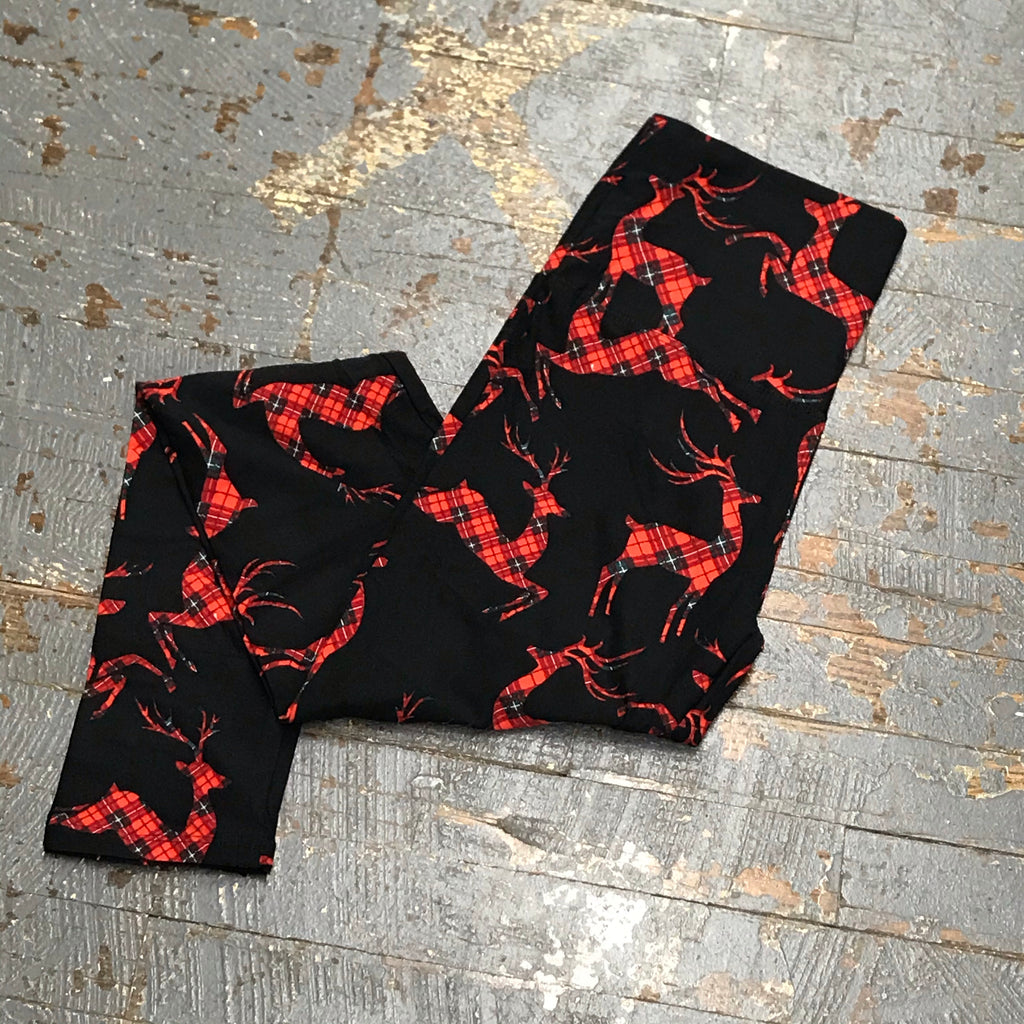 Black Red Plaid Reindeer Leggings Printed
