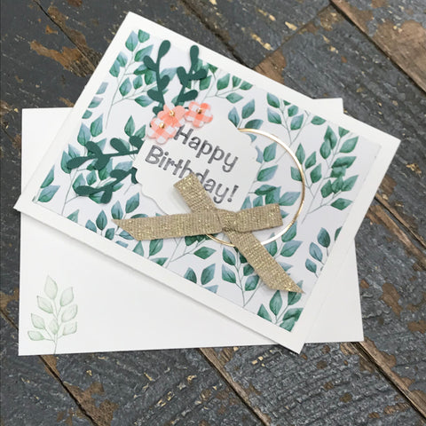 Happy Birthday Leaf Ring Wreath Handmade Stampin Up Greeting Card with Envelope