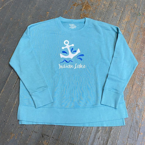 Indian Lake Anchor Splash Graphic Designer Long Sleeve Crew Neck Sweatshirt Aqua