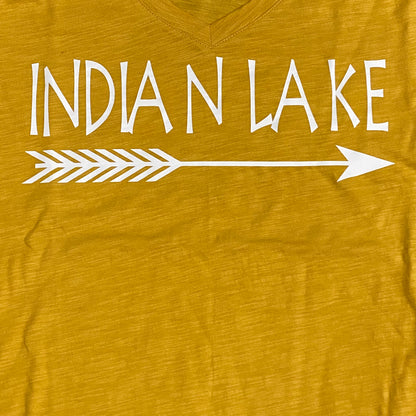 Indian Lake Arrow Full Chest Graphic Designer Short Sleeve V-Neck Scoop Neck Ladies T-Shirt Golden Yellow