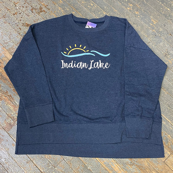 Indian Lake Sun Wave Full Chest Graphic Designer Long Sleeve Crew Neck Sweatshirt