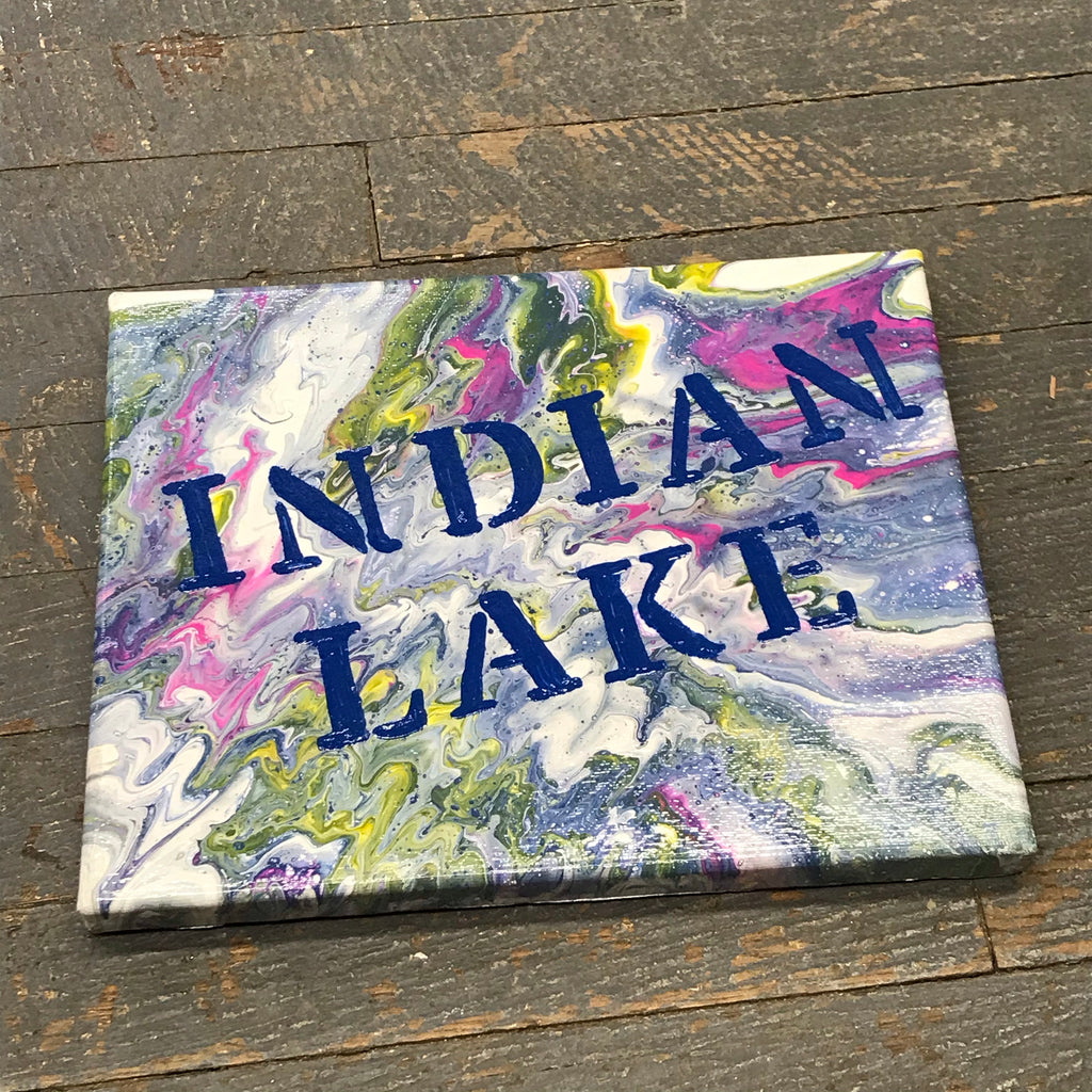 Indian Lake Canvas Painted Pour Sign Wall Art Decor Blue Yellow Pink