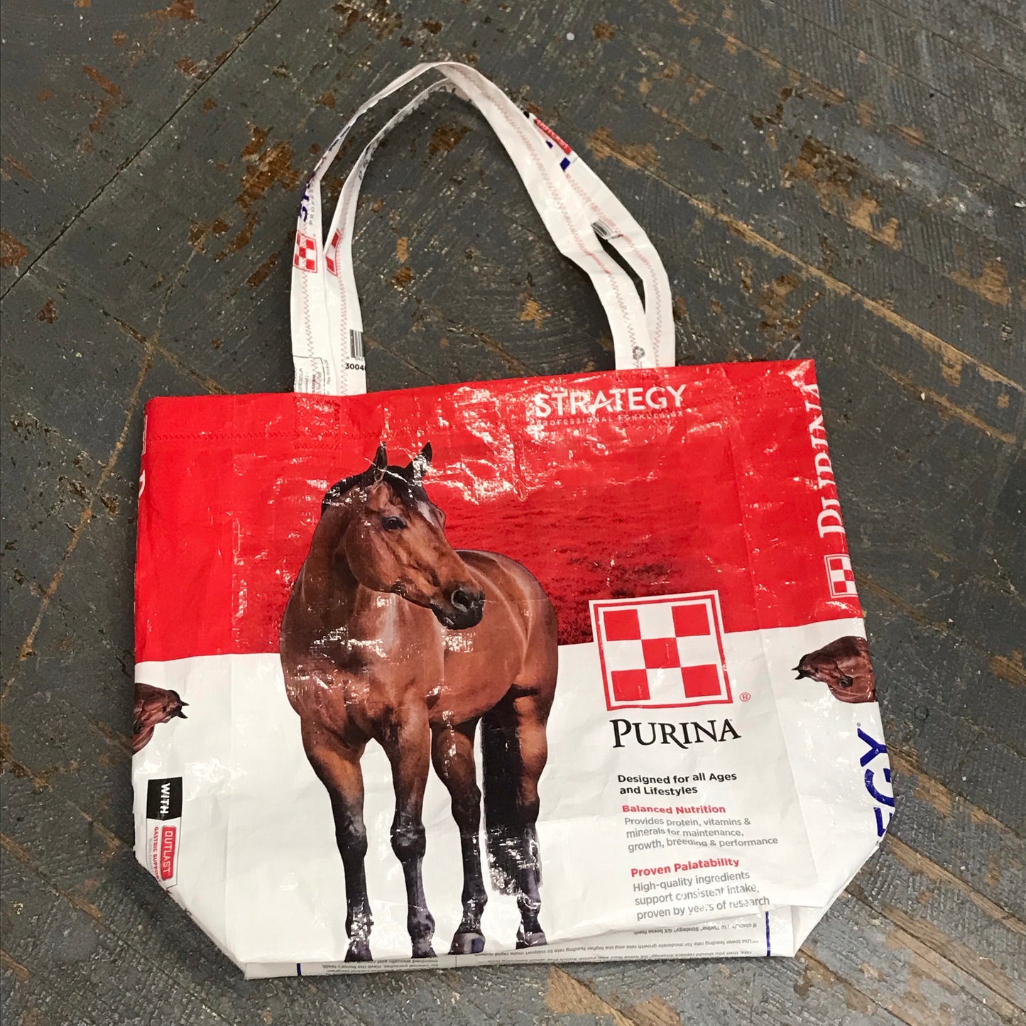 Upcycled Tote Purse Feed Bag Handmade Large Strategy Equine Horse Seed Purina Red Handle Bag