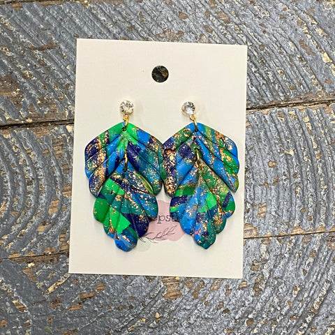 Clay Blue Green Purple Glitter Leaf Post Dangle Earring Set