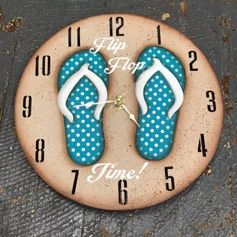 9" Round Beach Wooden Flip Flop Clock Painted Turquoise White Polka Dot