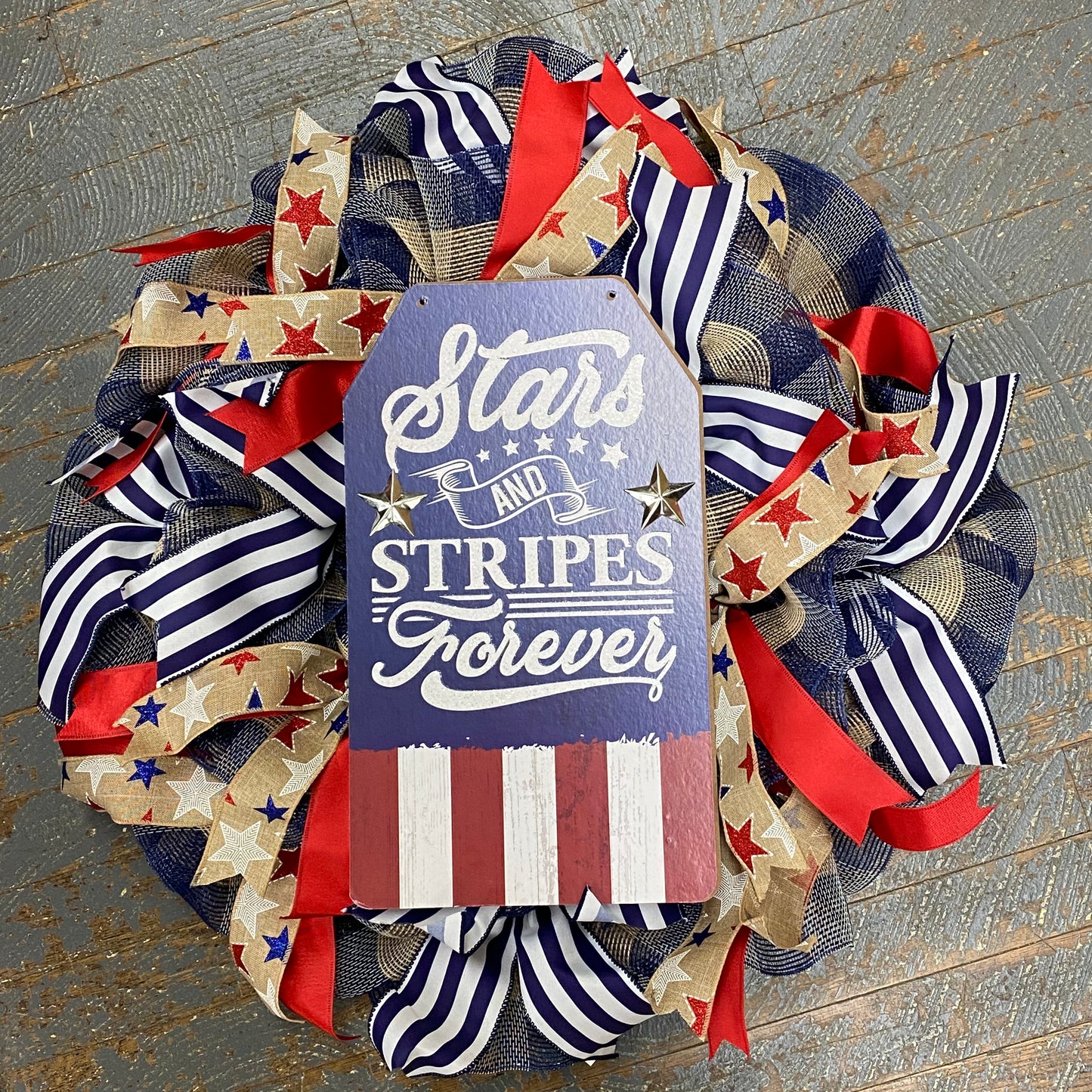 Stars Stripes Forever Tag Patriotic Americana Holiday Wreath Door Hanger