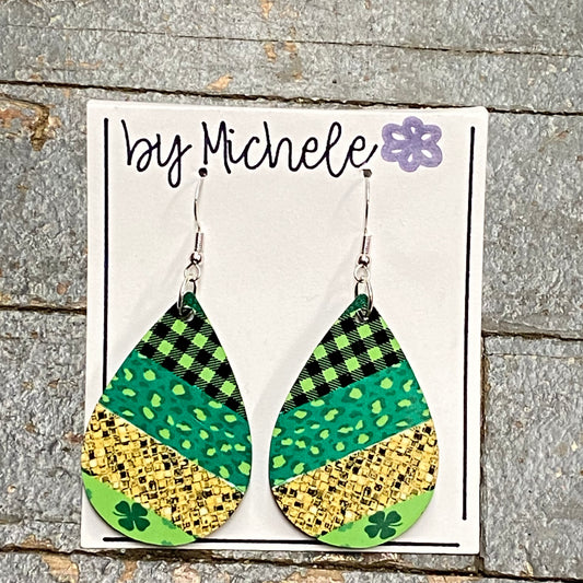 Green Black Brown St Patricks Print Wood Teardrop Fishhook Dangle Earring Set