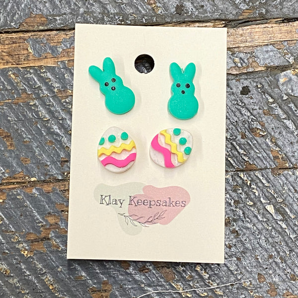 Clay 2 Pair Easter Bunny Peeps Easter Egg Post Earring Set