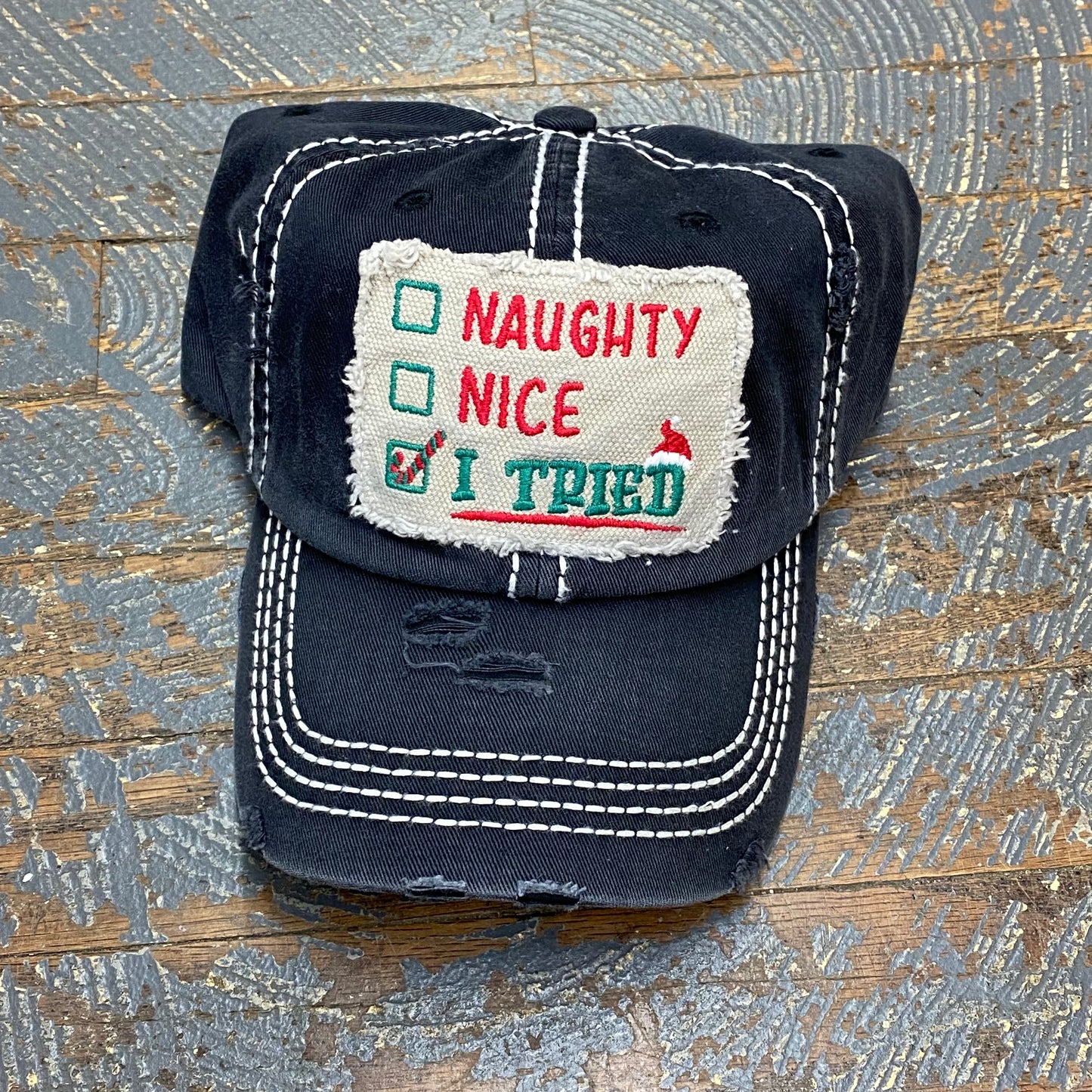 Naughty Nice I Tried Patch Rugged Black Embroidered Ball Cap