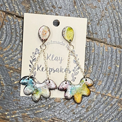 Clay Silver Chain Irridescent Flower Pedal Post Dangle Earring Set